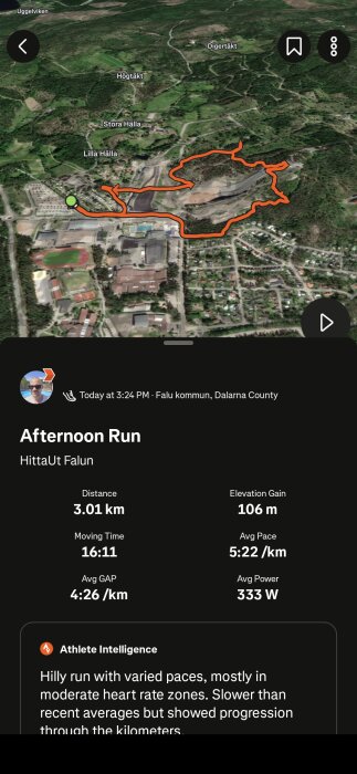 Satellitbild över löprunda i Falu kommun, Dalarna. Leden är markerad med en orange linje. Statistik: distans 3,01 km, höjdökning 106 m, tid 16:11.