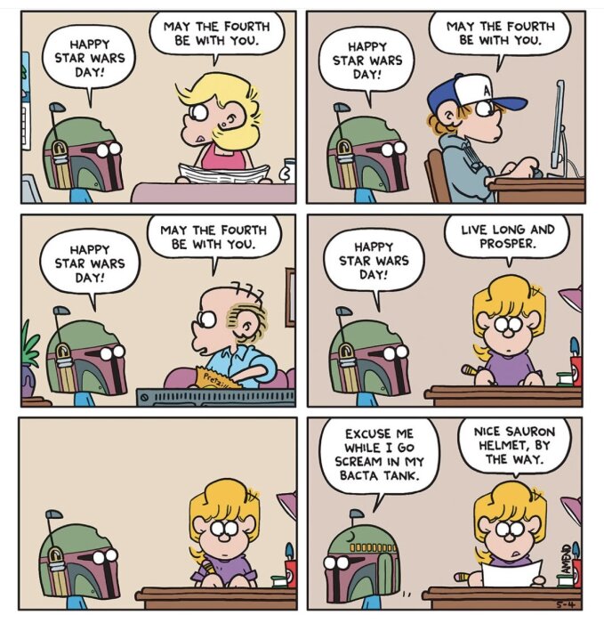 Seriefigur bär Boba Fett-hjälm och säger "Happy Star Wars Day" till andra figurer. De svarar med olika referenser, vilket skapar humoristiskt missförstånd.