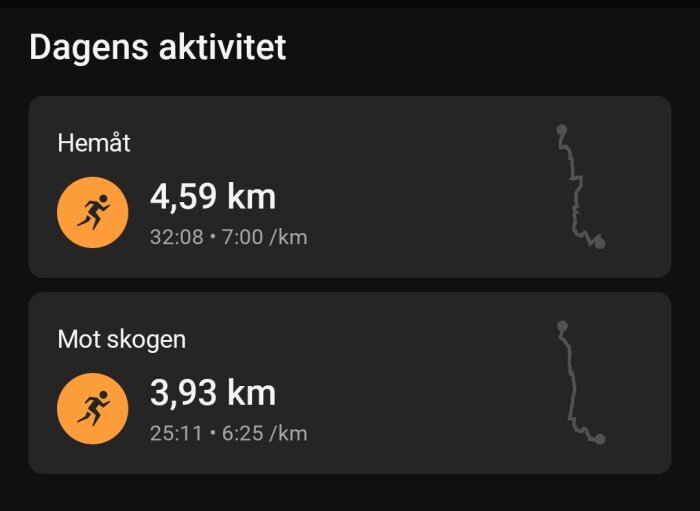 Bild av dagens löpaktivitet med två rutter: "Hemåt" 4,59 km och "Mot skogen" 3,93 km, inklusive tider och kartor.