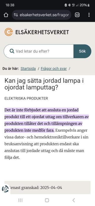 Webbsidan Elsäkerhetsverket, med information om att ansluta jordade produkter till ojordade uttag, inklusive säkerhetsråd.