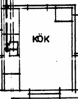 Planritning av ett kök med rektangulärt utrymme och dörrproportioner, texten "KÖK" i mitten. Liknar 70-talsritningar nämnda i inlägget.