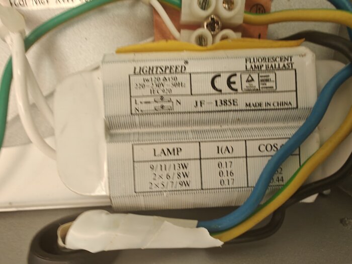 Närbild på en lysrörsballast med märkning "Lightspeed" samt specifikationer för ljuskällor, inkopplad med flera kablar i olika färger.