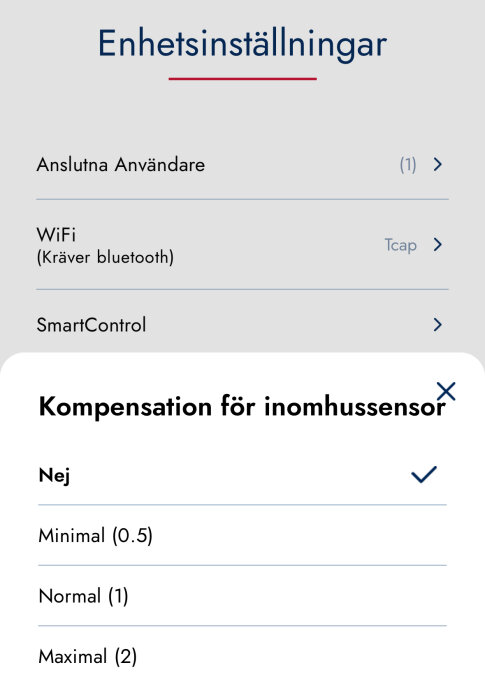 Inställningsmeny för enhet med optioner för WiFi, SmartControl och kompensation för inomhussensor, inställt på "Nej".