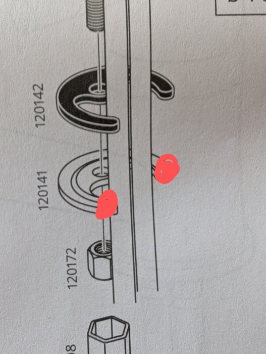 Diagram av handfatsinstallation från Ikea, visar delar och fastsättning under handfatet. Röda markeringar på vissa delar.