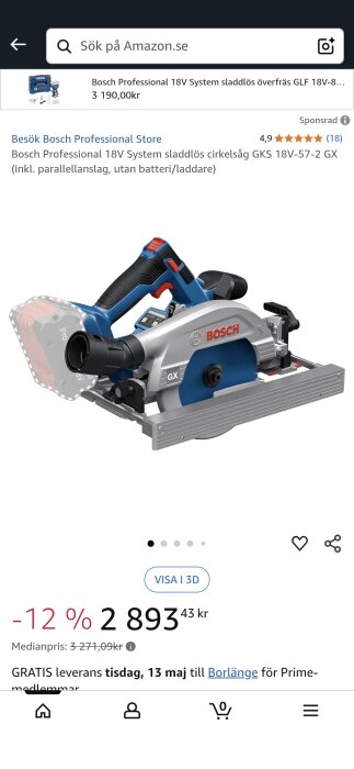 Bosch sladdlös cirkelsåg GKS 18V-57-2 GX, erbjudande med -12% rabatt till priset 2 893,43 kr på Amazon.se.