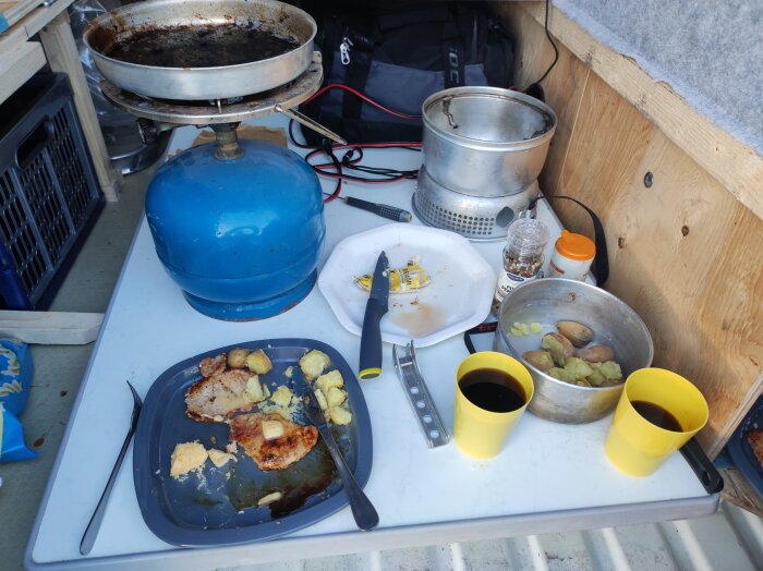 Matlagningssetup i campingbil med stekt fläskkotlett, mandelpotatis på tallrik, gul mugg med dryck och blå gashållare med stekpanna.