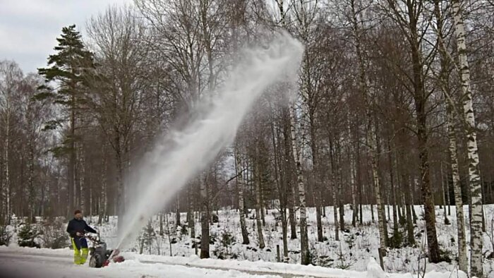 Person skottar snö med snöslunga i skogsmiljö, snön kastas högt i luften.