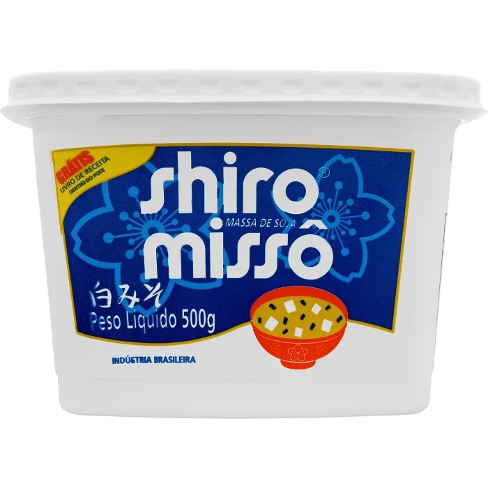Förpackning av shiro miso-pasta, 500g, med blå etikett och japansk text, används för att göra misosoppa.