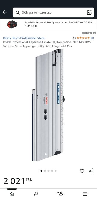 Bosch Professional kapsskena FSN 440 X visas på Amazon, kompatibel med GKS 18V-57-2 GX, vinkelkapningar -60°/+60°, längd 440 mm, pris 2021,47 kr.