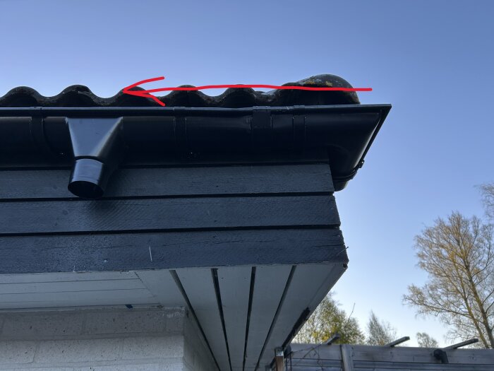 Takfot med svart takrännor och ett korrugerat tak, röd markering visar taklinje under blå himmel.