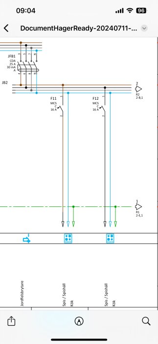 Elinstallation schema med tre fasledningar märkta F11, F12, MCS, 16A och ledningar för jordfelsbrytare samt kokplatta i kök.