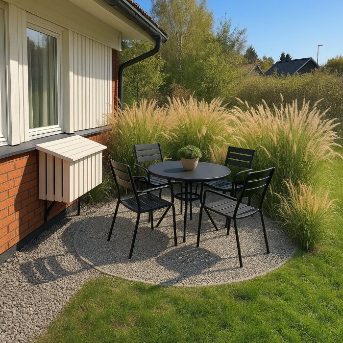 Grusad sittplats med ett runt bord och fyra stolar, omgiven av prydnadsgräs och en husvägg. Soligt väder med grönt gräs och blå himmel i bakgrunden.