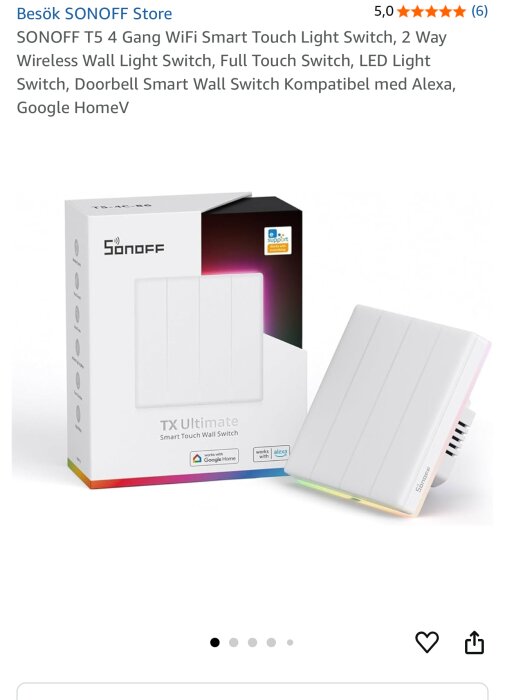 Smart väggströmbrytare från Sonoff TX Ultimate, kompatibel med Google Home och Alexa, visas med förpackning i bakgrunden.
