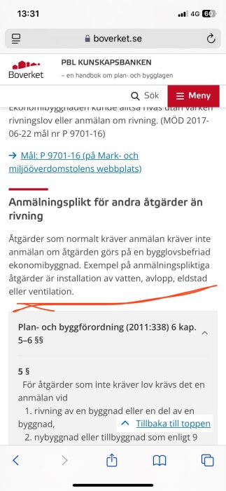 Webbsidan visar regler för anmälningsplikt gällande rivning och andra byggåtgärder enligt svensk lagstiftning.