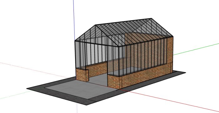 3D-modell av ett växthus/orangeri med tegelväggar och glas.