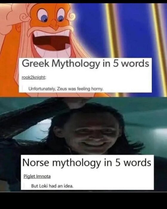 Två bilder jämför grekisk och nordisk mytologi i fem ord; den första med Zeus, den andra med Loki.