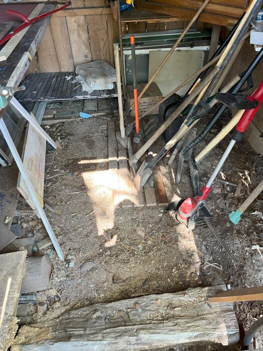 Oorganiserat förråd med jord- och grusgolv, trädgårdsredskap och brädor, förberett för att bygga ett nytt golv med trätrall och betongplintar.