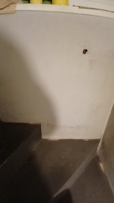 Vägg med ett trähål i ett timmerhus, spår av träspån synliga nedanför på trappan.