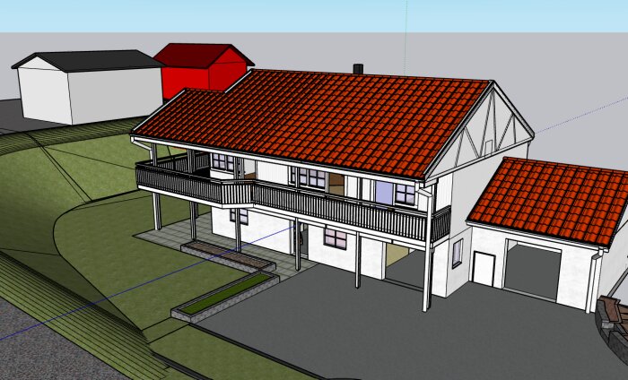 3D-rendering av ett suterränghus med rött tegeltak och balkong. Dubbelgarage syns, där ena delen planeras bli gästrum.