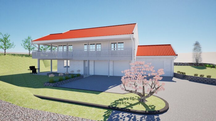 3D-rendering av ett suterränghus med rött tak, vit fasad, verandor och omgivande trädgård med planteringar och gångvägar.