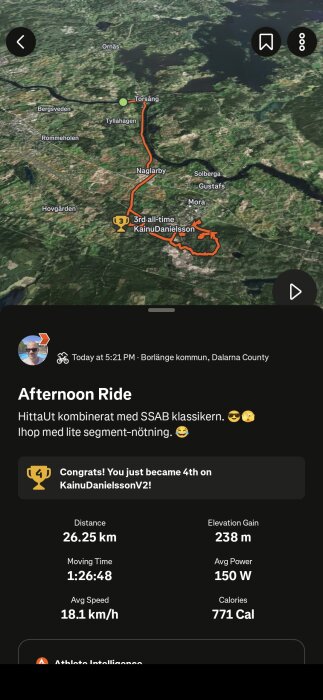 Cykeltur genom Borlänge kommun med karta över rutt och statistik som distans och hastighet. Användare nådde fjärde plats på en ranglista.