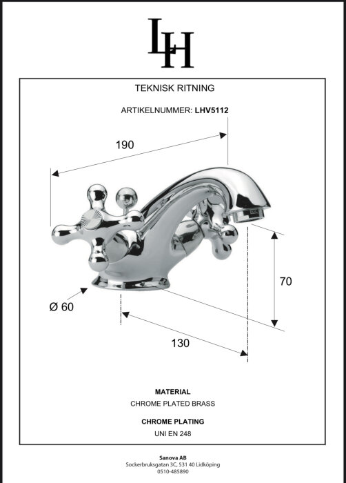 Teknisk ritning av krompläterad mässingskran med artikelnummer LHV5112, visar mått och design.