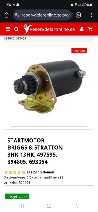 Startmotor för Briggs & Stratton 8HK-13HK, artikelnummer 394805, 693054, i ett onlinebutiksfönster med kampanjannonsering.
