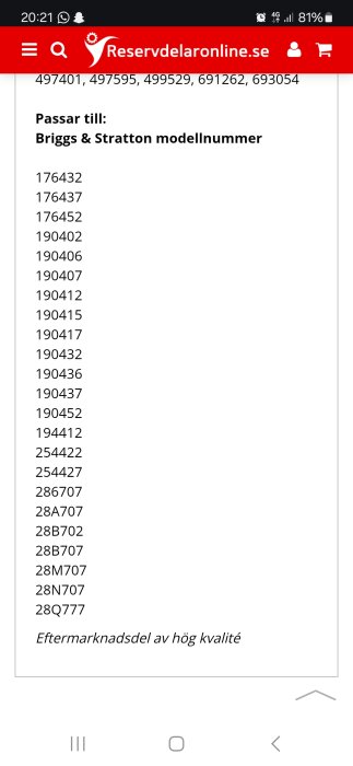 Lista över Briggs & Stratton modellnummer som börjar med 176 och 190, på reservdelsidan Reservdelaronline.se.