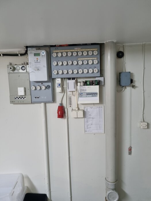 Ett gammalt proppskåp med flera säkringar och elutrustning monterade på en vägg. Inga tydliga indikationer på övervåningens elbrytare.