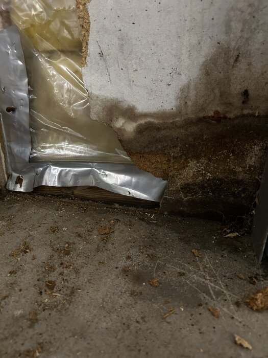Fuktig bräda synlig i konstruktion utan skum eller plastduk, omgiven av betong och trä, antyder potentiella fuktskador.