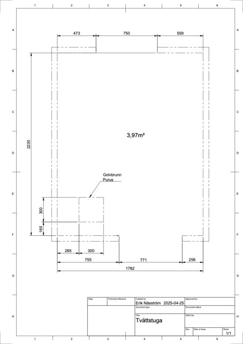 Ritning av tvättstuga med golvyta på 3,97 m², visar placering av golvbrunn och dimensioner.