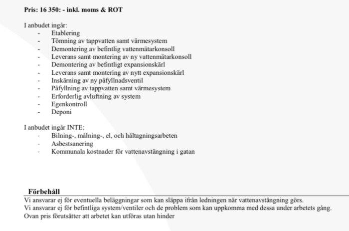 Offert för rörmokare med kostnadsdetaljer; inkluderar material och arbete som ingår och inte ingår samt pris 16 350 kr inklusive moms och ROT-avdrag.
