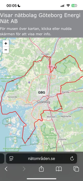 Karta över Göteborgs Energis nätområde med röda gränslinjer runt centrala Göteborg och närliggande områden.