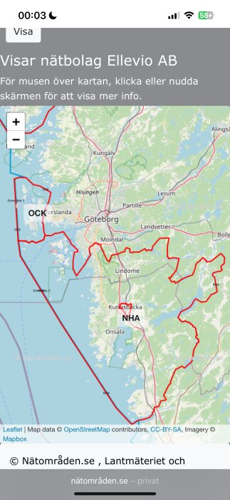 Karta över Ellevios nätområde i Göteborg, med markerade gränser i rött, inklusive områden som Hisingen, Mölndal och Kungsbacka.