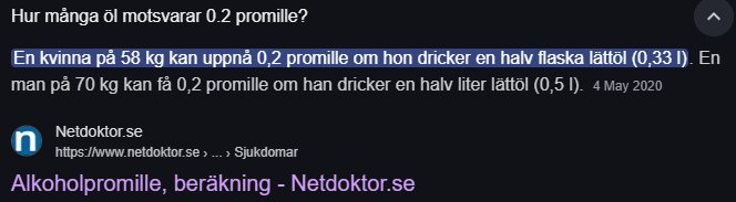 Skärmdump som visar en fråga om hur mycket öl som motsvarar 0,2 promille, med ett citat från Netdoktor.se om beräkning av alkoholpromille.