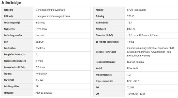 Detaljerad specifikation av en liten genomströmningsvärmare för inomhusbruk, inklusive mått, kapacitet och installationsinformation.