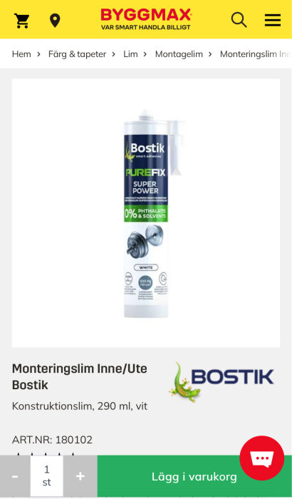 Flaska med Bostik monteringslim Purefix, vit, 290 ml, säljs på Byggmax.