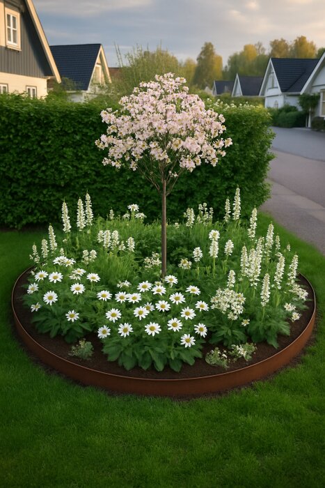 Rund blomsterbädd med ett litet träd och vita blommor, belägen på en gräsmatta framför hus i ett bostadsområde.