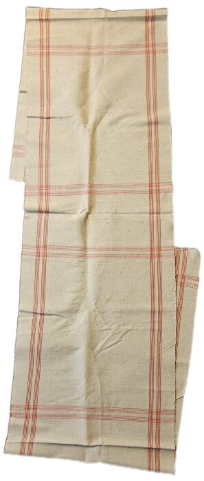 Vävd textil med röda ränder, oklippt och ofållad, från arv. Planerad för överlämning.