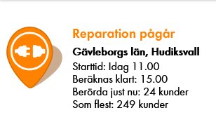 Reparation pågår i Hudiksvall; startade kl 11.00, klar kl 15.00. 24 kunder berörs just nu, som flest 249. Ikon visar två pluggar.
