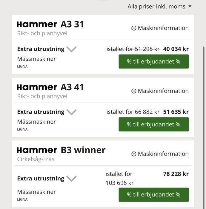 Erbjudande på träbearbetningsmaskiner från Hammer, inkl. rikt- och planhyvel A3 31 och A3 41 samt cirkelsåg-fräs B3, med rabatterade priser.