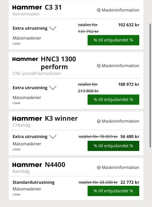 Prislista för olika Hammer-maskiner med rabatterade priser: C3 31, HNC3 1300 perform, K3 winner, och N4400, inklusive utrustningsinformation.