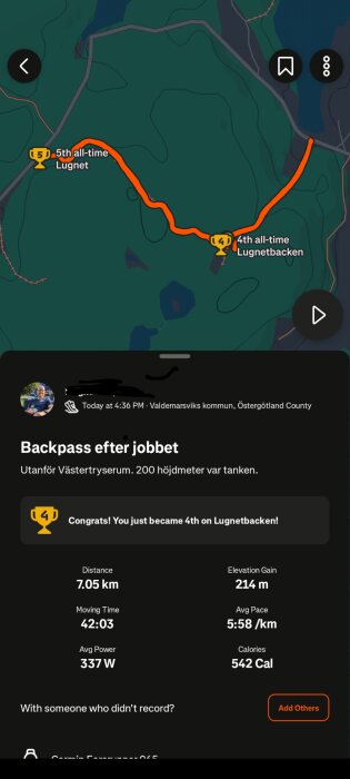 Appens aktivitetsresultat visar en cykeltur på 7,05 km med en stigning på 214 m i Valdemarsviks kommun. Placering: 4:e på Lugnetbacken.