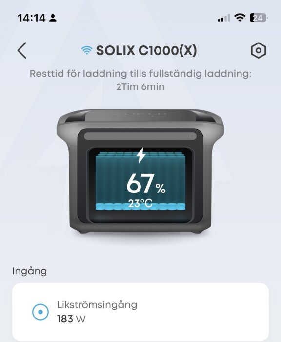 Skärmvisning av Anker Solix C1000(X) Powerstation som visar 67% laddning, 23°C och 183W likströmsingång med 2 timmar och 6 minuter kvar till full laddning.