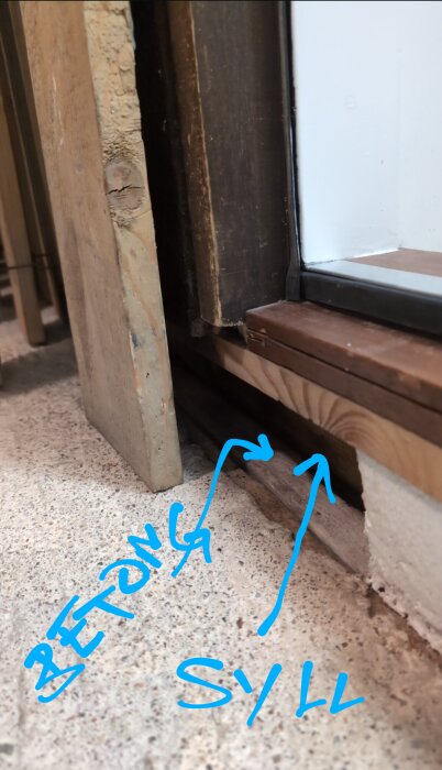 Bilden visar en betongplatta med träsyll, där blå text markerar "BETONG" och "SYLL" vid ett isoleringsarbete.