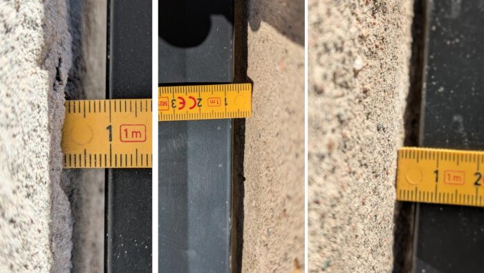 Tre bilder av en husgrund med måttband som visar sprickor och ojämnheter på mellan 5 mm och 9 mm djup.