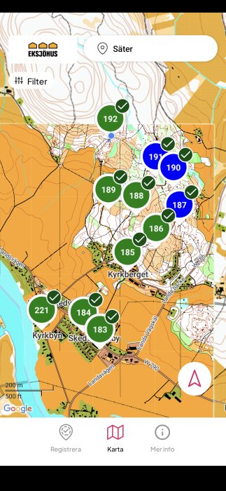 Karta över Säter med markerade positioner numrerade från 183 till 221, inklusive landmärken som Kyrkbyn och Kyrkberget.