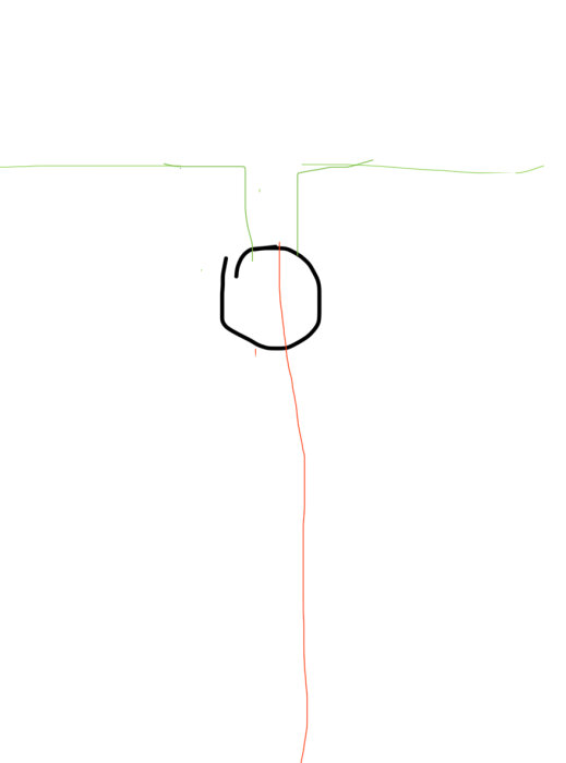 Ritning med en svart cirkel för laddstation, gröna linjer för begränsningskabel och en röd linje för guidekabel.