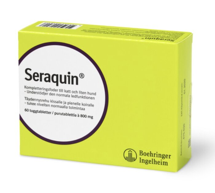 Förpackning av Seraquin, ett kompletteringsfoder för katt och liten hund som stödjer normal ledfunktion, innehåller 60 tuggtabletter à 800 mg.