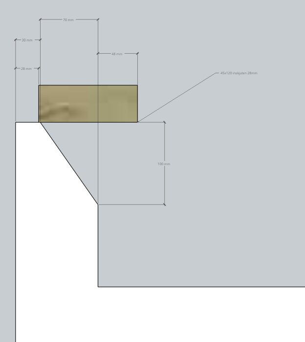 Byggnadsritning med måttangivelser visar isoleringslager och betong över kantbalk, inklusive brant snitt och luftspalt på 28 mm.